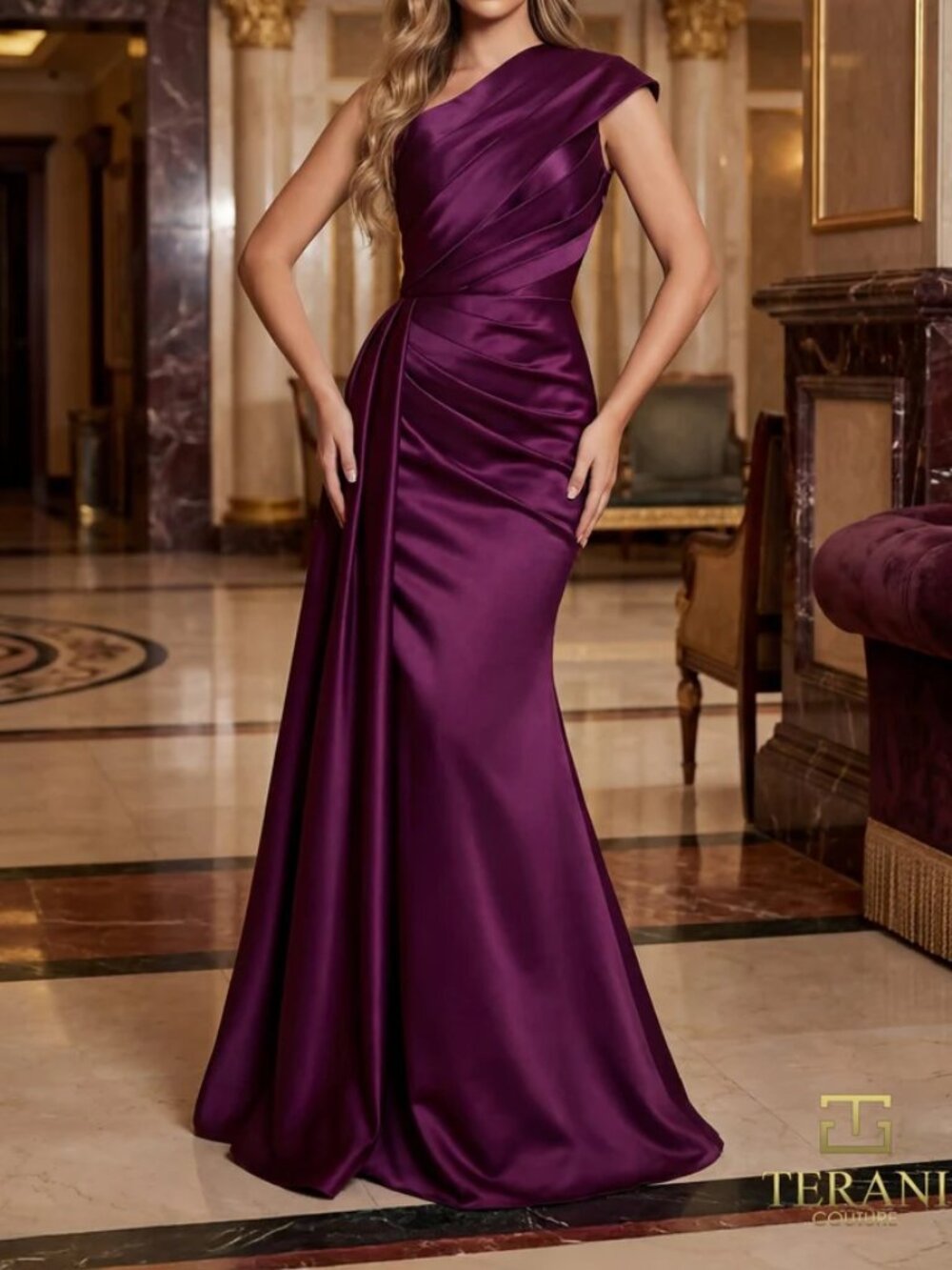 Terani Couture Asymmetrical One-Shoulder Satin Gown in Deep Plum